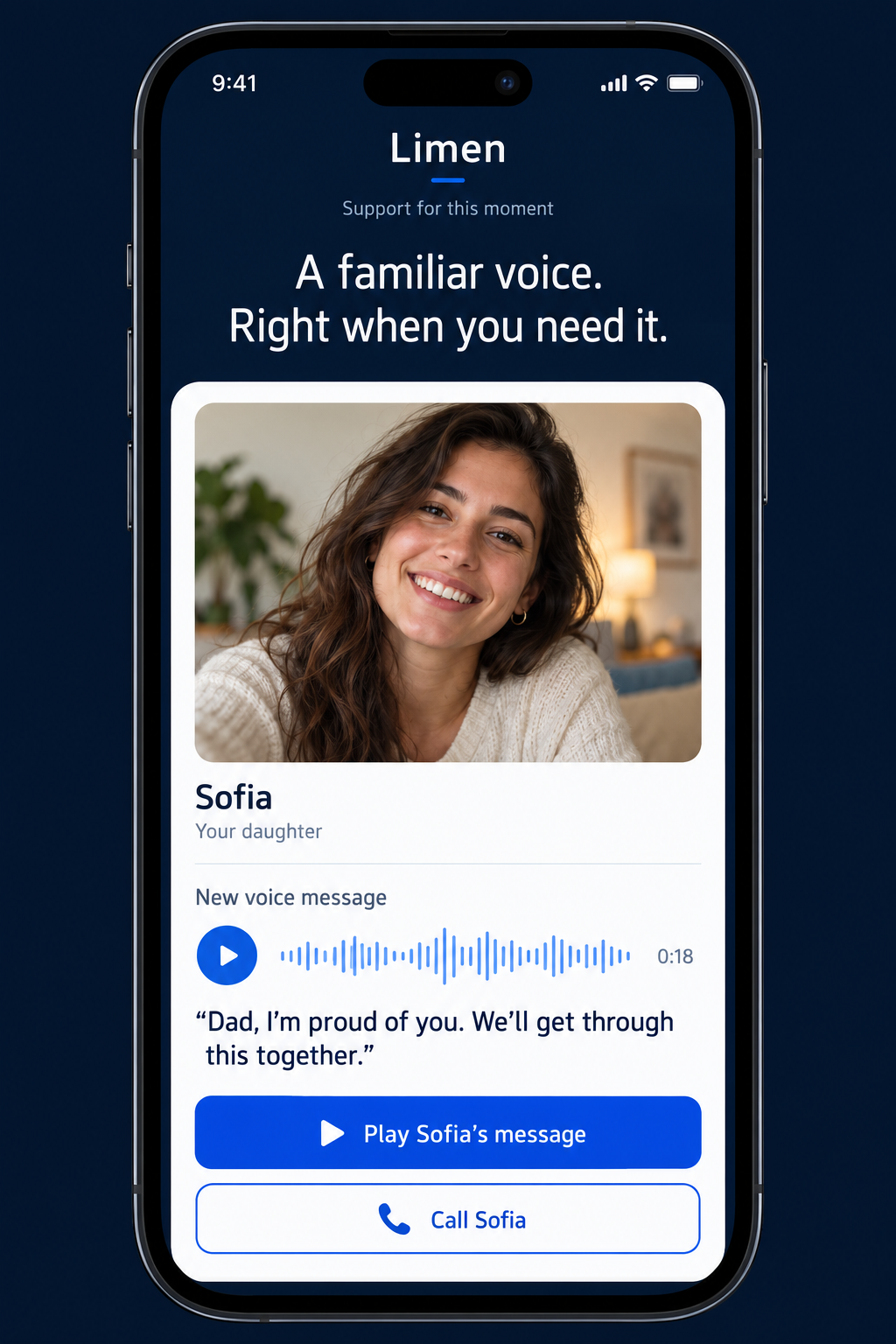 Concept phone screen showing a prerecorded encouragement message from a chosen family member and an option to call them.